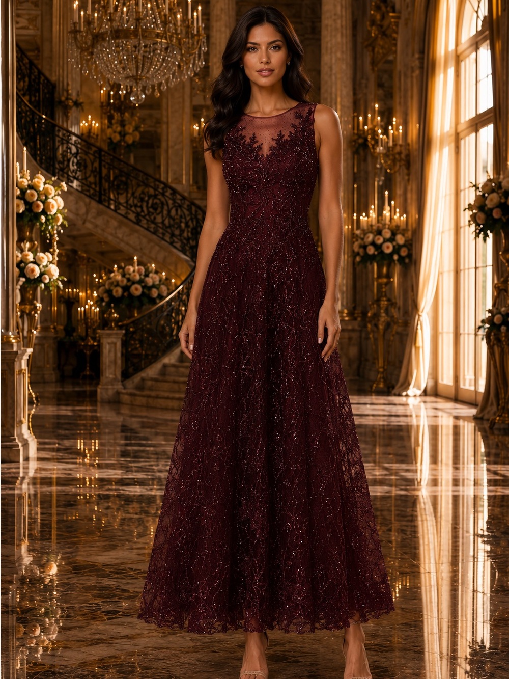 Mac Duggal 20421 Beaded Lace A Line Evening Gown Burgundy NWT Size 16